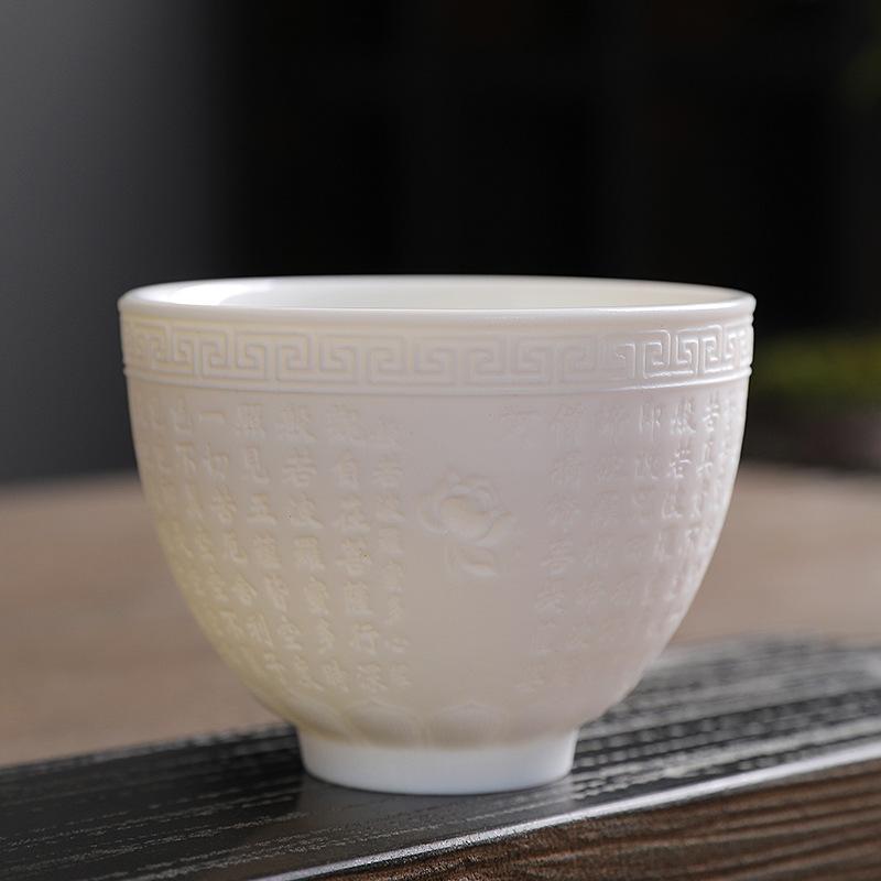 Dehua Ceramiczny Kubek do Herbaty Duży Mistrzowski Pojedynczy Kubek Osobisty Kubek do Degustacji Kubek z Sutrą Serca Zestaw do Herbaty z Porcelany Jadeitowej Tłuszczu Owczego Kung Fu Tea