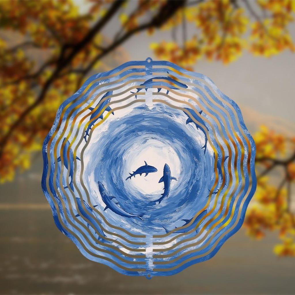 1pc Metal Ocean-Themed Wind Chime with 360° Rotating Shark & Wave Design, Artistic Garden Decor for Patio, Balcony