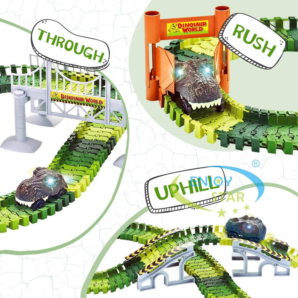 Non-Toxic 156Pcs Dinosaur Railway Car Track Toy Set Diy Assemble Road Race Set With Flexible Track Dinosaur Toys Bridge Ramps Toys For Kid