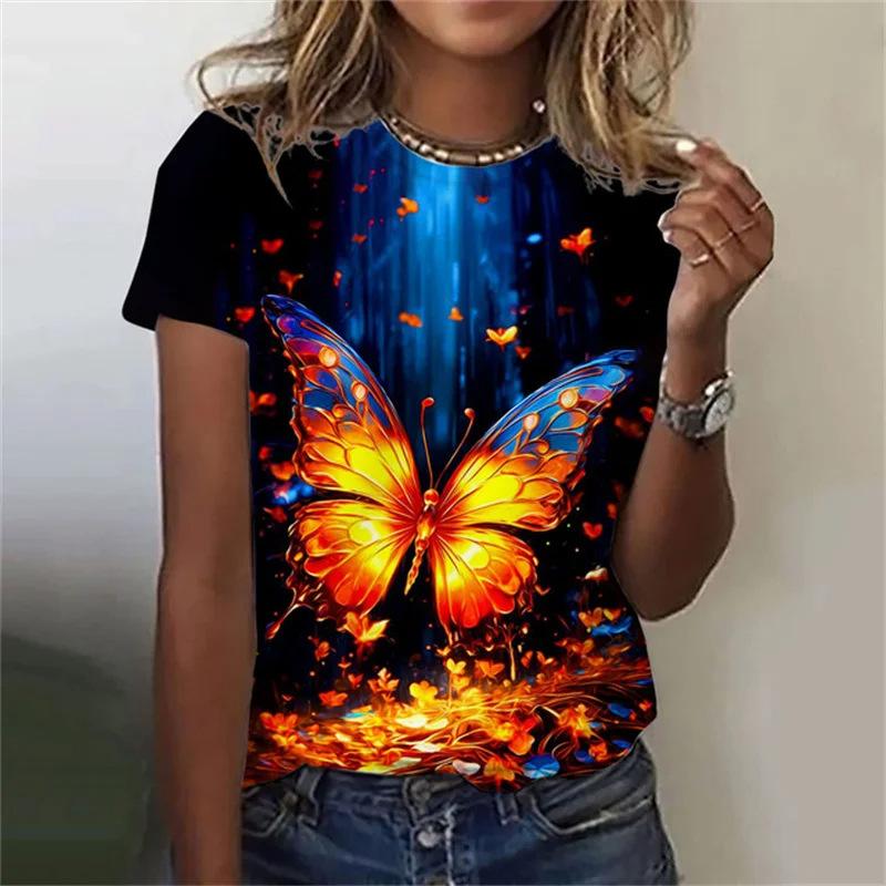 Summer Round Neck Butterfly Pattern 3D Print Top Fashionable Casual Short Sleeved Women's T-shirts