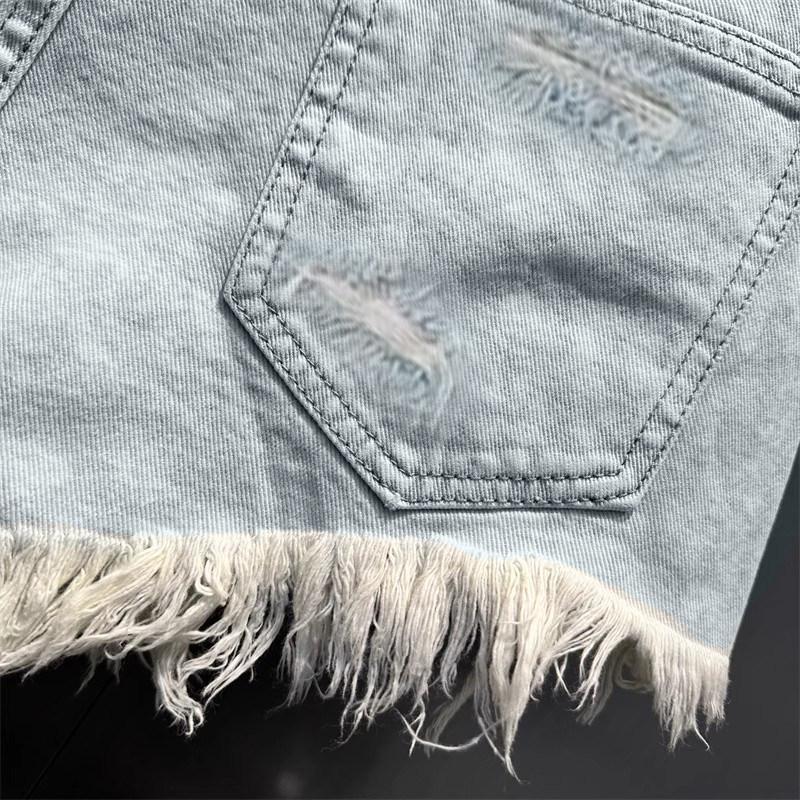 Light Blue Spicy Vintage Distressed Low-Waist Ripped Denim Shorts for Women – Sexy Wide-Leg Summer Hot Pants