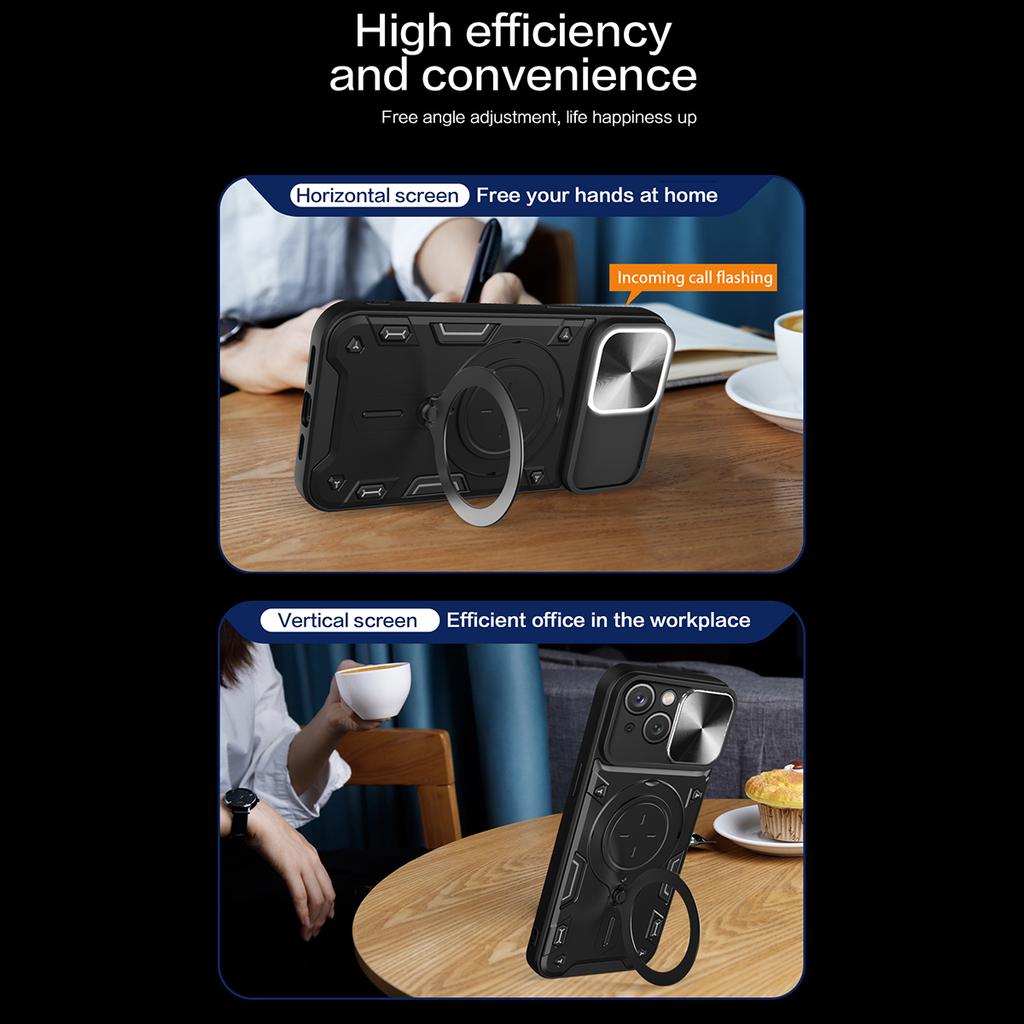 For iPhone 15 Plus Slide Camera Lid Anti-scratch Case Rotating Kickstand PC+TPU Cover