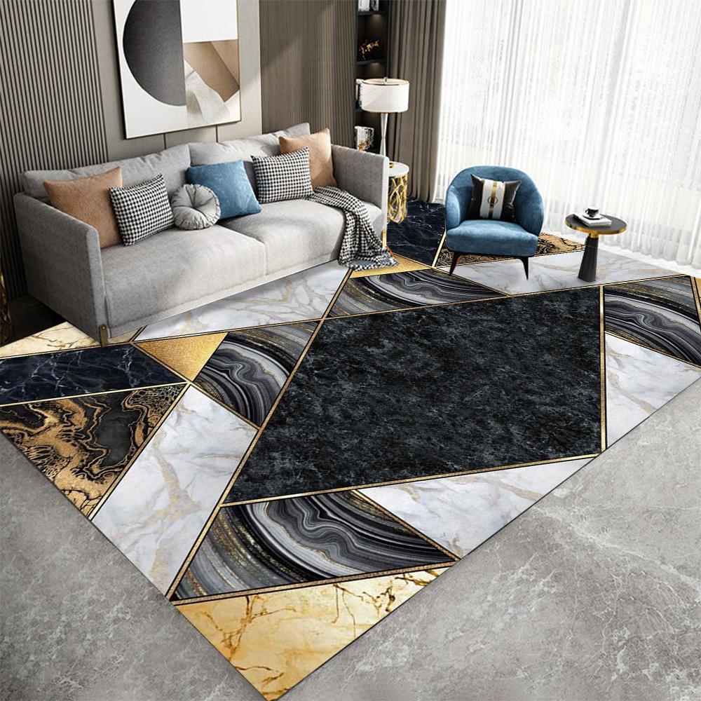 Black Gold Marble Area Rug Modern Abstract Geometric Rug Non-Slip Soft Floor Carpet Decor for Home Living Room Bedroom Office