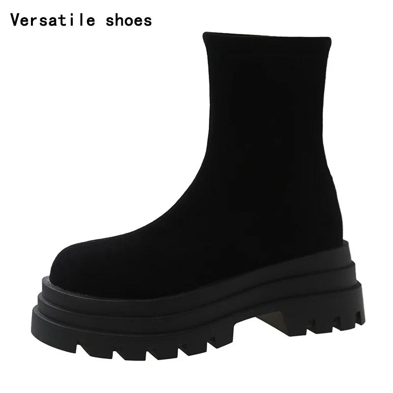 Vintage Platform Increase Women Ankle Boots Fashion Slip On Shoes Autumn Winter British Style Ladies Elegant Short Booties