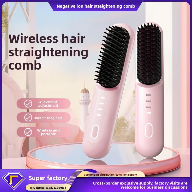 Cross-border Wireless Ceramic Coating Hair Straightening Comb with Negative Ions Dual-Use for Curling & Straightening