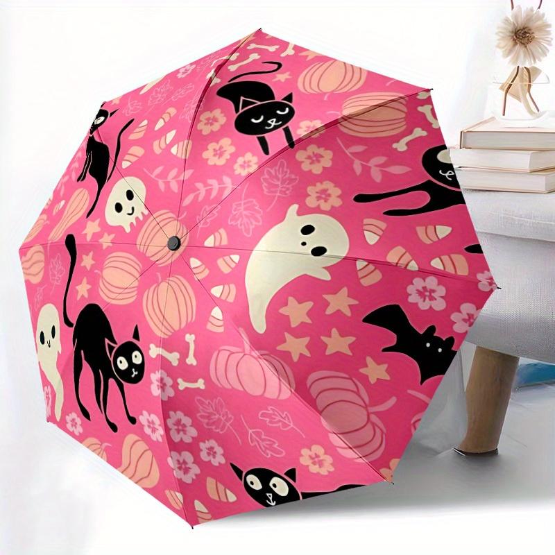 1pc Halloween Cats Automatic Open/close Folding Compact Cute Umbrella, 8-Rib Sturdy Canopy, Lightweight Portable, Everyday Use, Gift, Outdoor Umbrella