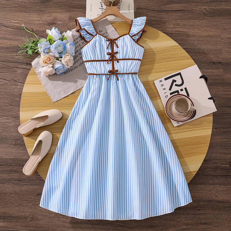 Girls  Blue Dress - Spring/Summer Children s Elegant Retro Striped Halter Dress 130cm=8Y небесно-голубой