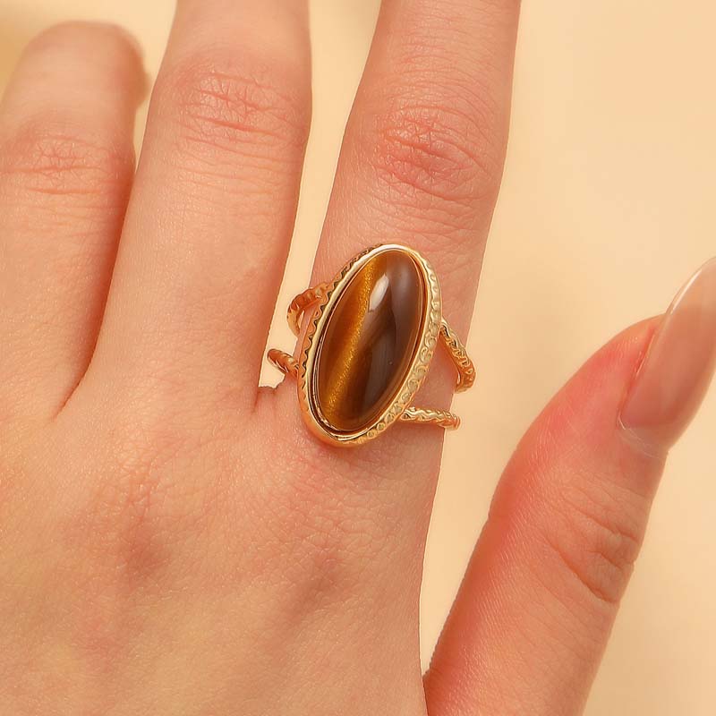 Vintage Metal Brown Stone Open Rings for Women Fashion Gold Color Geometric Oval Double Layered Adjustable Rings Jewelry Gifts