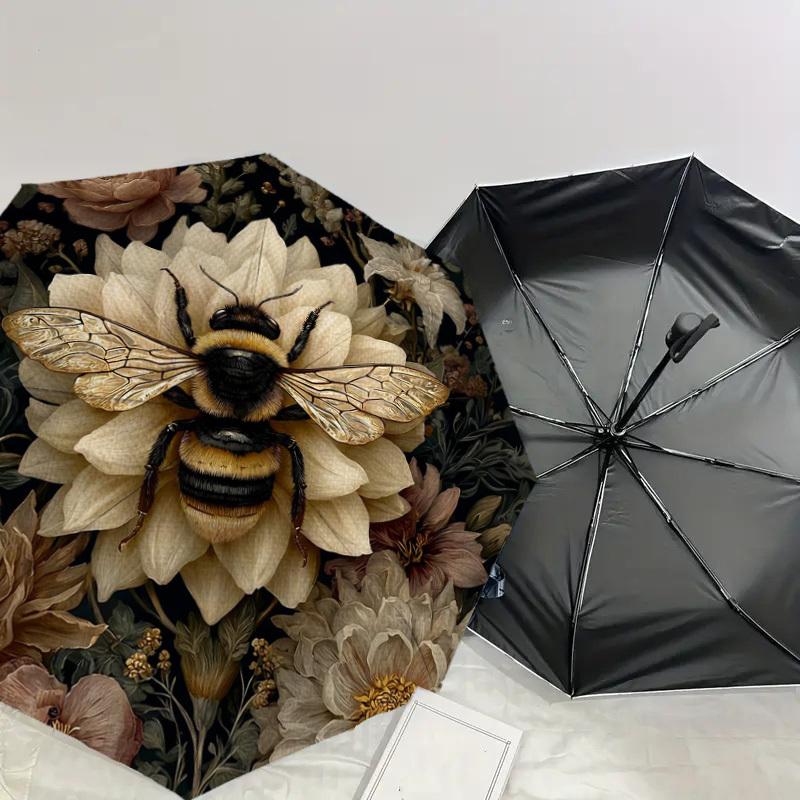 1pc Bee Flowers Automatic Folding Umbrella, Heavy Duty 8 Rib Iron Frame,  Suitable for Travel, Daily Use, Birthday, Decor Gift M0104064