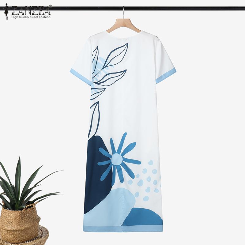 ZANZEA Womens Summer V-Neck Short Sleeve Casual Print Dress