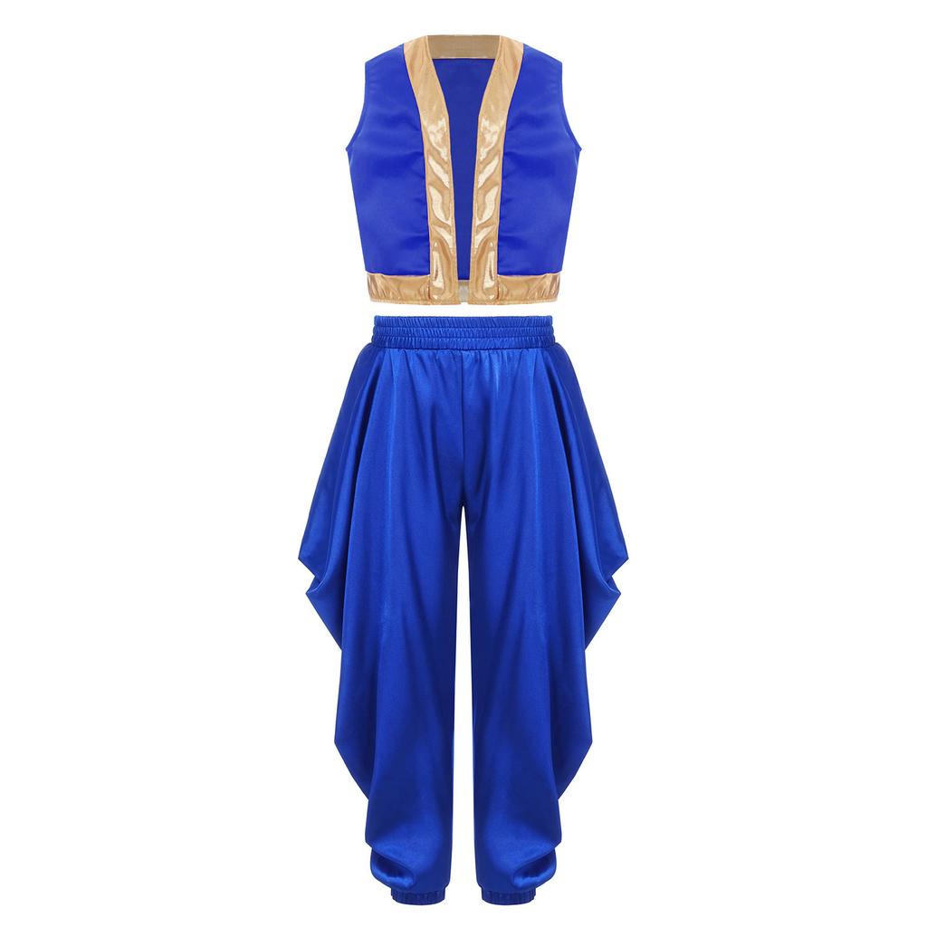 Dětský arabský cosplay kostým Sada Volná vesta Saténové dhoti kalhoty Elastický pas Široké kalhoty Halloweenský převlek