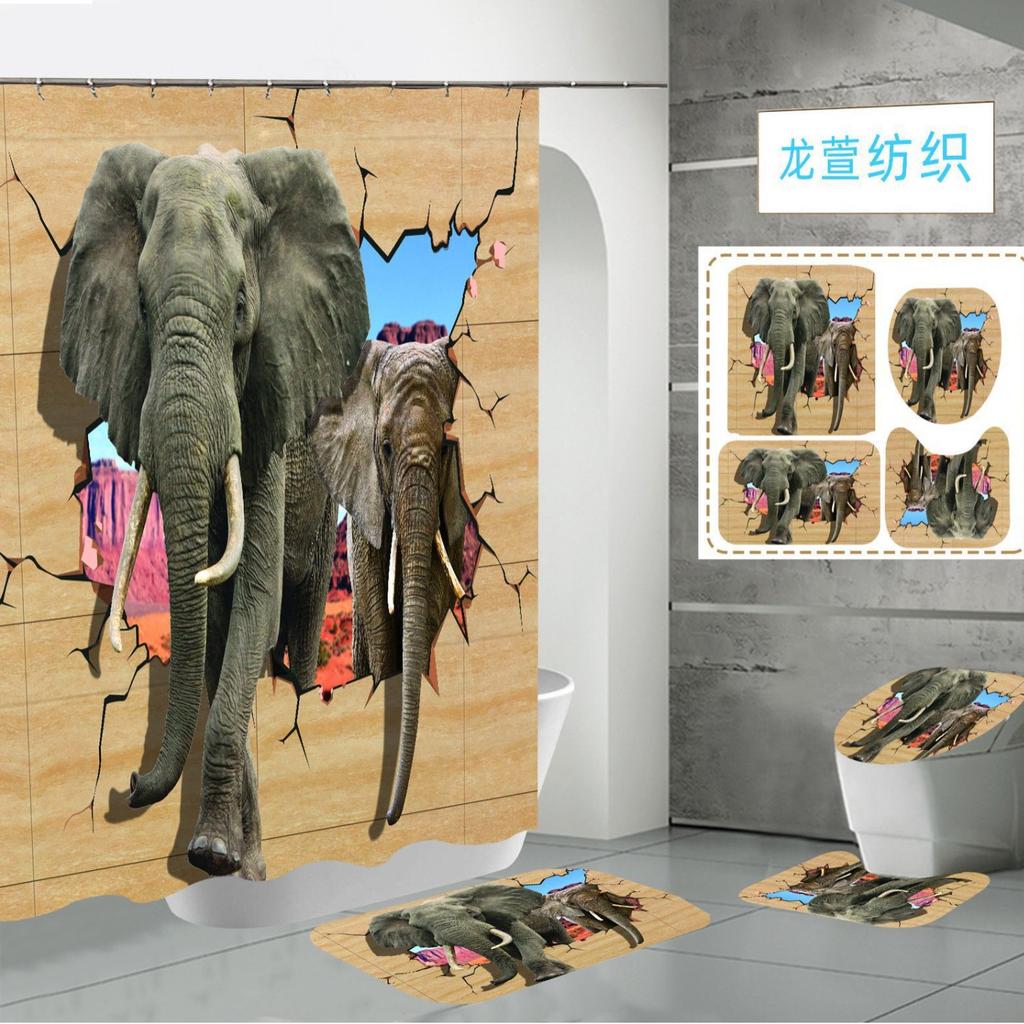 Polyester Elephant 3D Digital Printing Bathroom Personalized Partition Shower Curtain Four-Piece Set