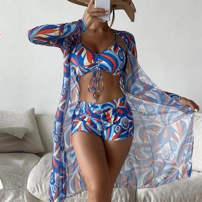 Maiô feminino dividido de três peças, cintura alta, manga comprida, camiseta com cordão estampado, trajes de biquíni