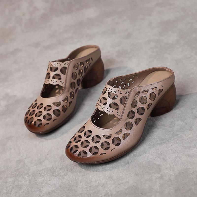 Baotou Women's Genuine Leather Mid-Heel Ethnic Style Slippers - Summer 2025 Hollow Soft Sole Sandals