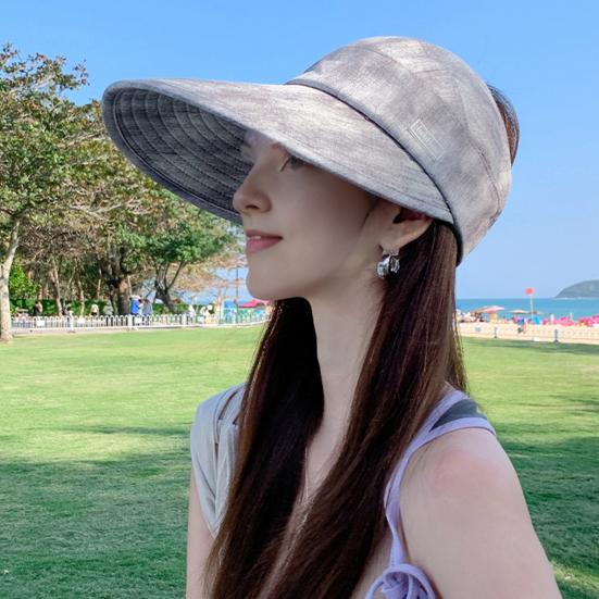 Beach Hat Large Brim Full Face Sun Protection Breathable Semi-Hollow Design Ties Foldable Hat Summer UV Blocking Ponytail