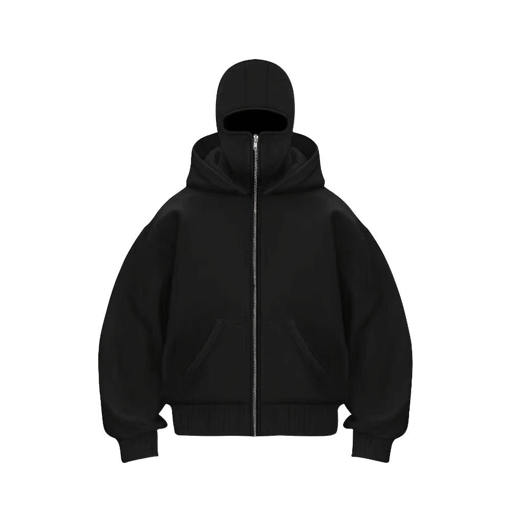 Men's Fashion Pattern Printed Double Layer Hoodie - Black Zipper Casual Street Wear with Balaclava Design Unique