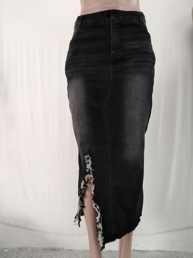 1Wish High Waist Washed Denim Split Hip Skirt