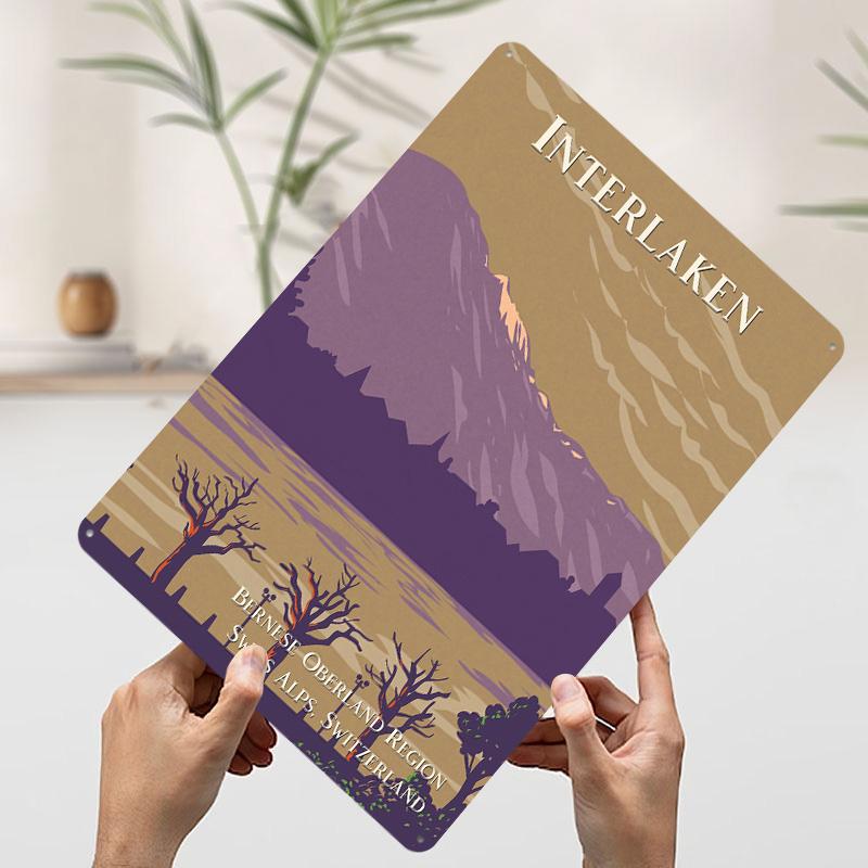 Интерлакен Швейцария Путешествия Печатный Постер Индивидуальное Настенное Искусство Ретро Винтажные Металлические Жестяные Вывески для Декора Гостиной 7.9x11.8In(20x30cm)