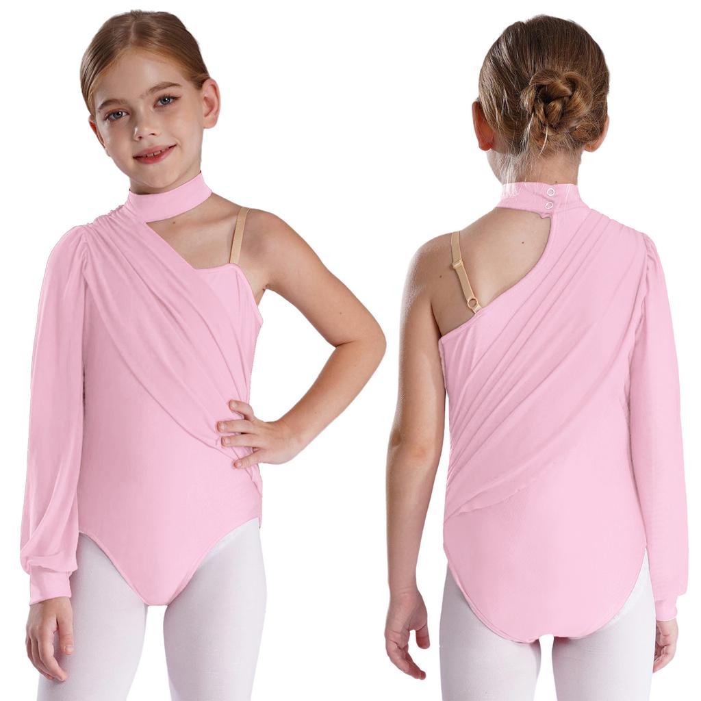 Kids Girls Ballet Jersey Dance Leotards Gymnastics Acrobatics Figure Skating Performance Costume Ruched Mesh Overlay Bodysuit