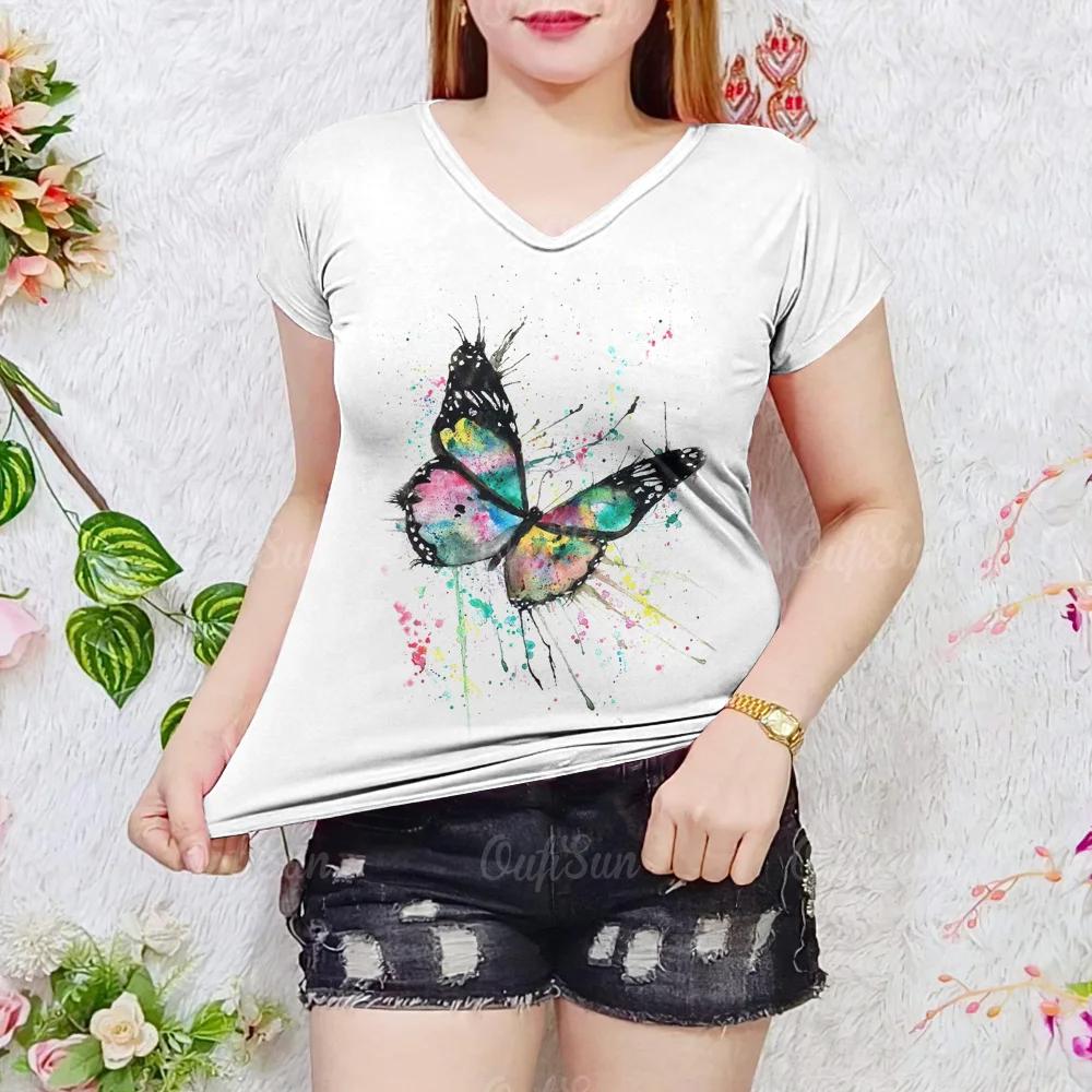 

Летняя женская модная футболка с принтом бабочек и V-образным вырезом, футболки, женская повседневная одежда с коротким рукавом, стильная женская уличная одежда 3XL