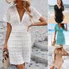 Wave Pattern Hollow-Out Elastic Beach Cover-Up Dress for Women - Deep V-Neck Short Skirt Style X5967