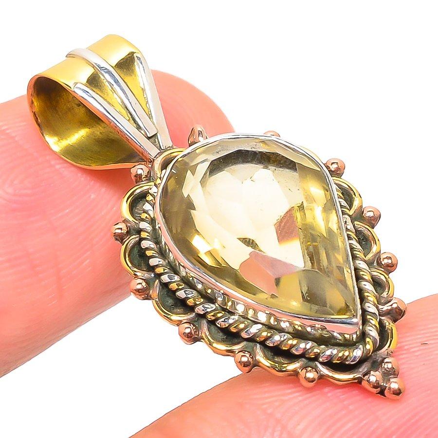Natural Lemon Quartz TwoTone 925 Solid Sterling Silver Gift Pendant 1.50" W8s75