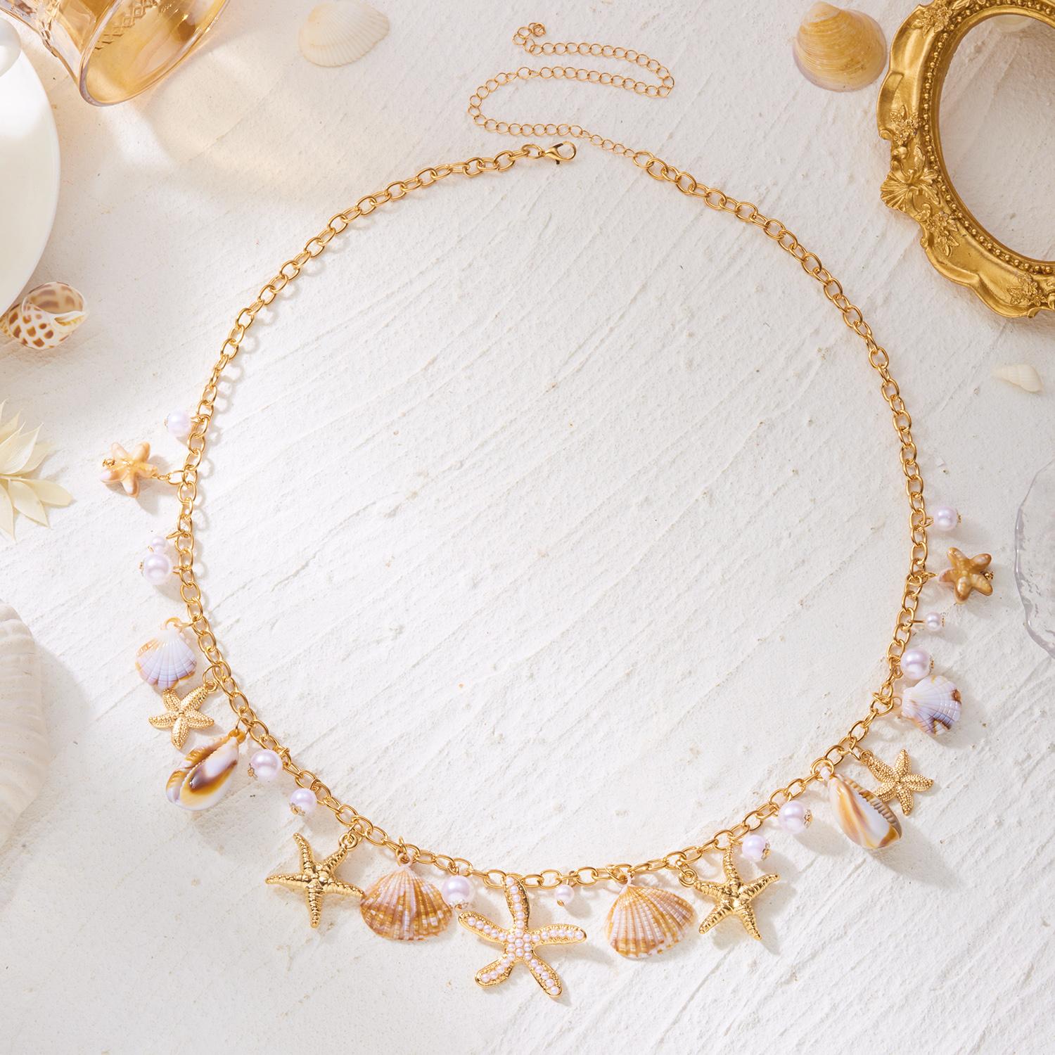 

Imitation Pearl Starfish Shell Conch Waist Chain Beach Vacation Style Accessory Fashion Trend Fringe Pendant Body Chain
