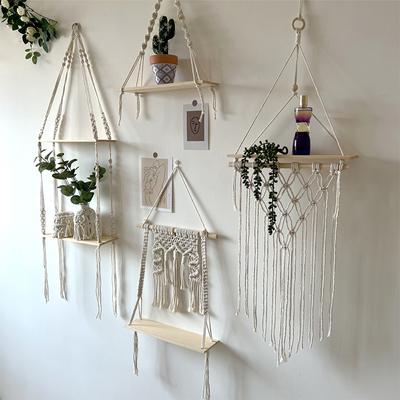 Makrome Duvar Asılı Raf Boho Püsküllü Ahşap Raflar Dekorasyon Yatak Odası Oturma Odası Ev Dekorasyonu için Saklama Rafı Noel Hediyesi