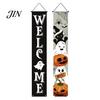 Durable Fabric Banner Halloween Porch Sign Banner, Pumpkin Ghost Party Awning Hanging Wall Decorative Holiday Door Decoration, Front Wreath