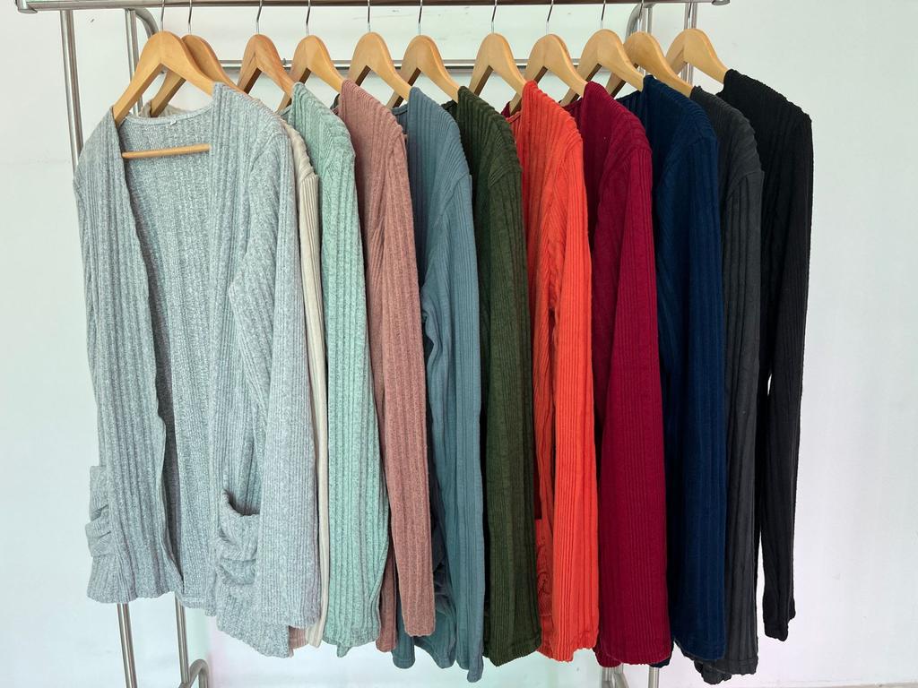 Women's Collarless Long Sleeve Cardigan Loose Fit Casual Style Solid Color Pocket Ribbed Knit Long Outerwear Coat For Autumn Daily Wear