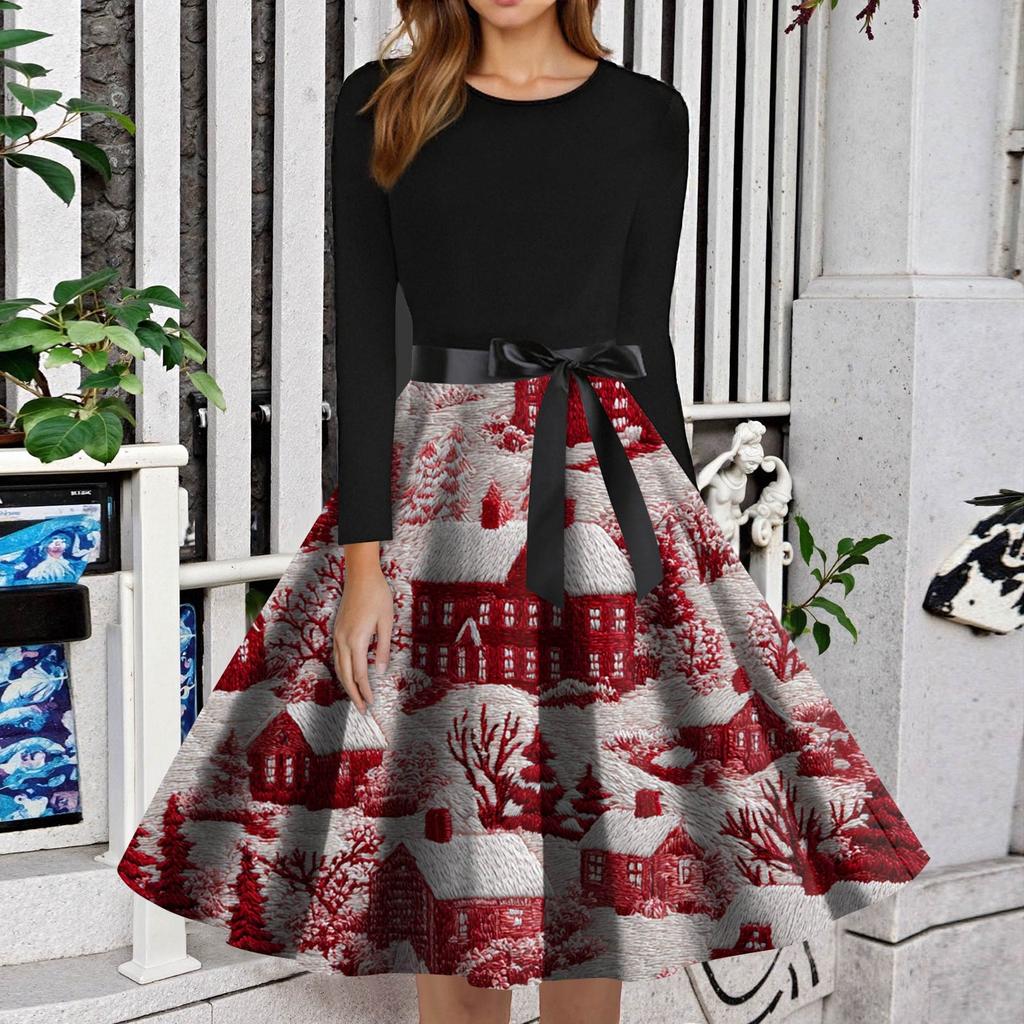 Women's Fashion Round Neck Slim-Fit Christmas Print Long-Sleeved Dress