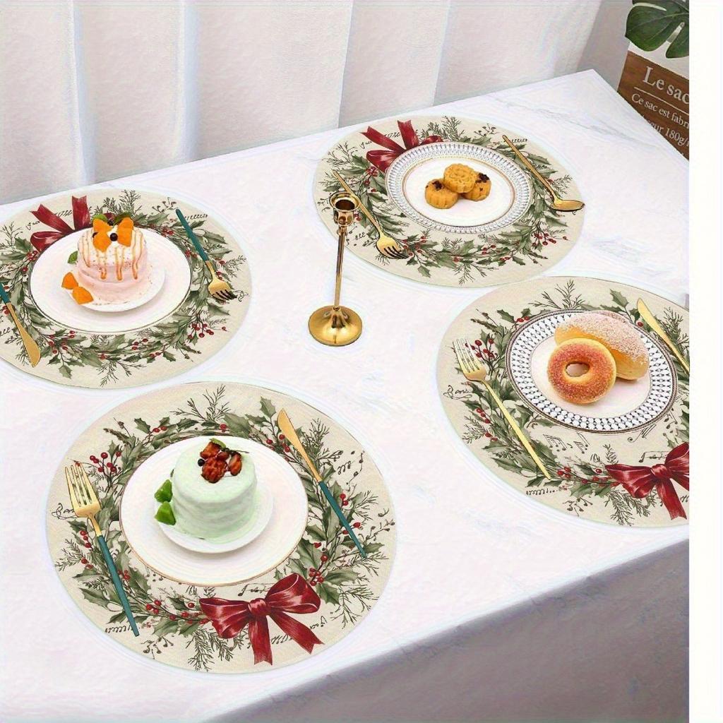 4pcs Vintage Christmas Placemats - Elegant Holiday Table Decor with Green Leaves, Red Berries & Bow Wreath - Non-Slip