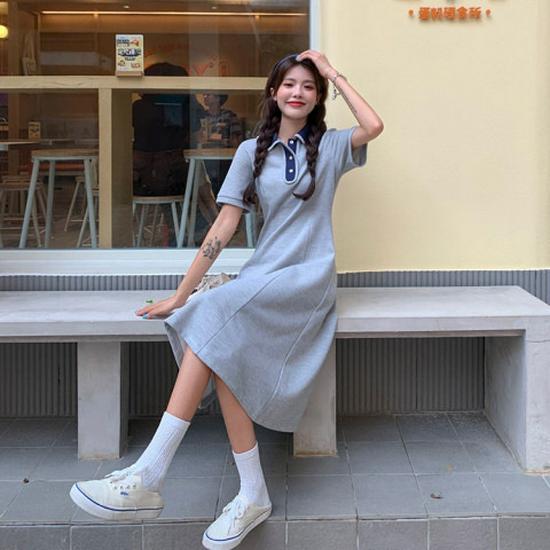 

College Style Puff Sleeve Mid-Length Dress with Collar for Women L серый