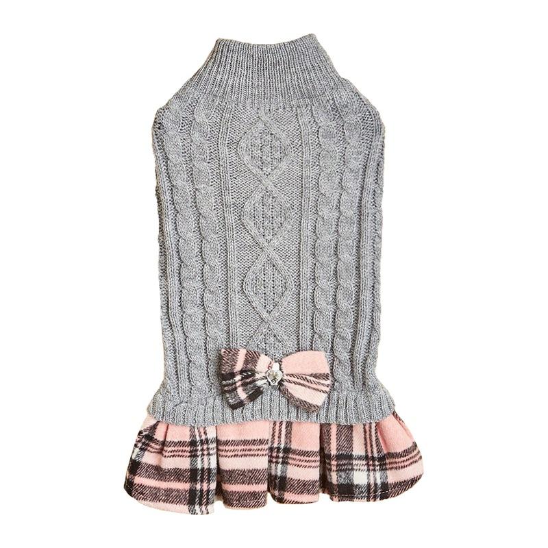 Vestido de Pelo de Mascota Blanco Gris Suéter de Punto Empalmado Lazo Falda a Cuadros Abrigo de Lana Suéter Ropa de Navidad para Perro Ropa para Cachorro
