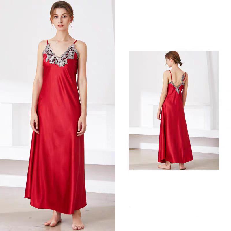 Pigiama in Seta Imitazione da Donna Pizzo Sexy Scollo a V Pigiama Lungo con Spalline Pigiama Abbigliamento da Casa