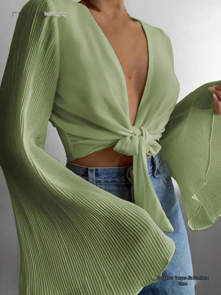 Elegant European Style Pleated Cardigan with Long Bell Sleeves and Lace-Up Chiffon Design