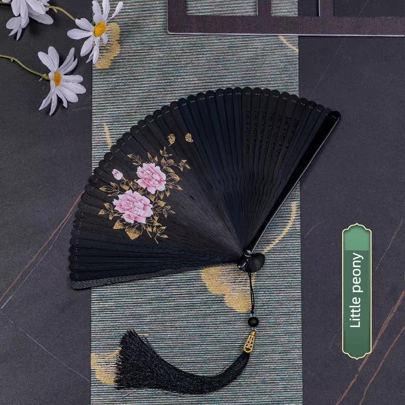 Chinese Style All-Bamboo Classical Fan for Women, Japanese-Style Ancient Classical Black Folding Fan, Bamboo Fan for Hanfu Dance, Portable and Easy