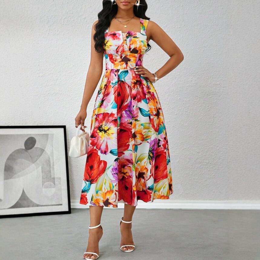 Women Sleeveless Floral Print Midi Dress Vibrant Colors
