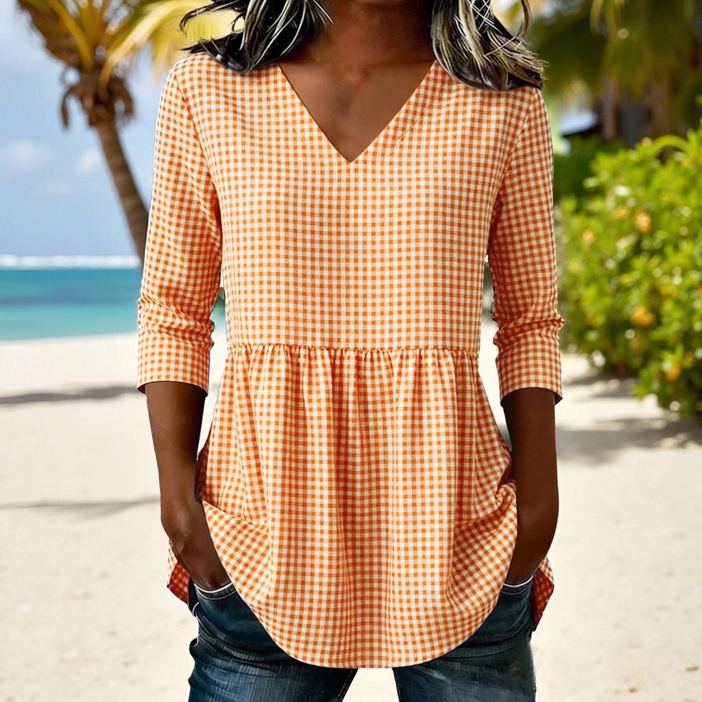 Women Loose Fit Casual Cotton Linen V Neck Plaid Three Quarter Sleeve Top Blouse Tunic Shirt for Everyday Wear