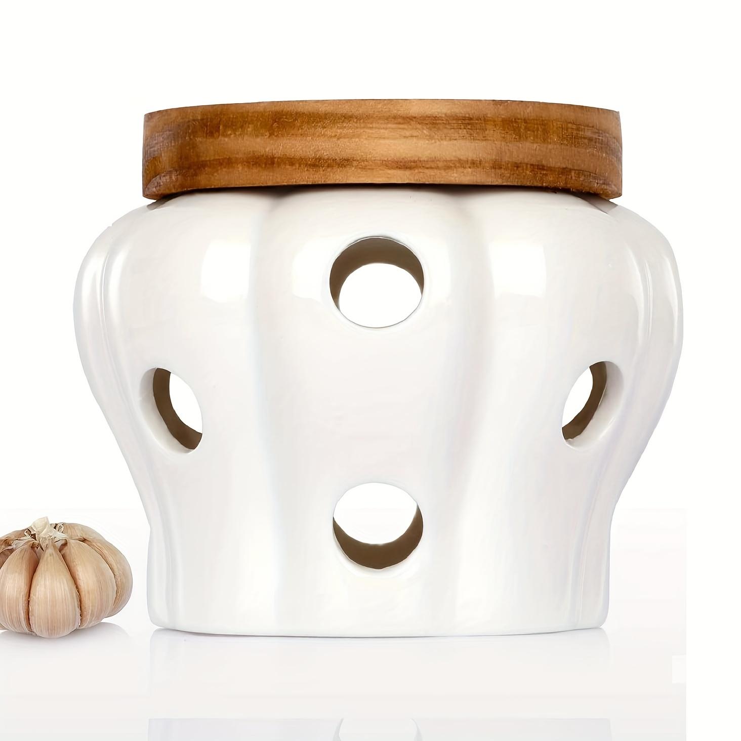 White Ceramic Garlic Jar, Bamboo Lid & Ventilated Design. Keeps Garlic & Ginger Fresh. Rustic Kitchen Decor. Durable & Airtight.