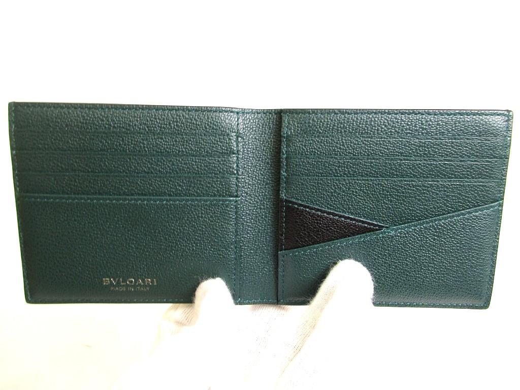 Authentic BVLGARI Black Emerald Green Leather Bifold Wallet Compact Wallet #a896  Refurbished