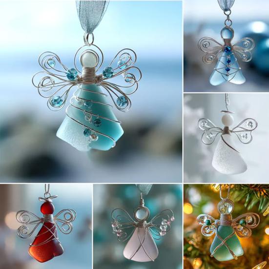 Handmade Sea Glass Angel Ornament Coastal Christmas Sea Glass Art Keepsake Wire-Wrapped Angel Christmas Tree Decoration for Holiday Home Decor