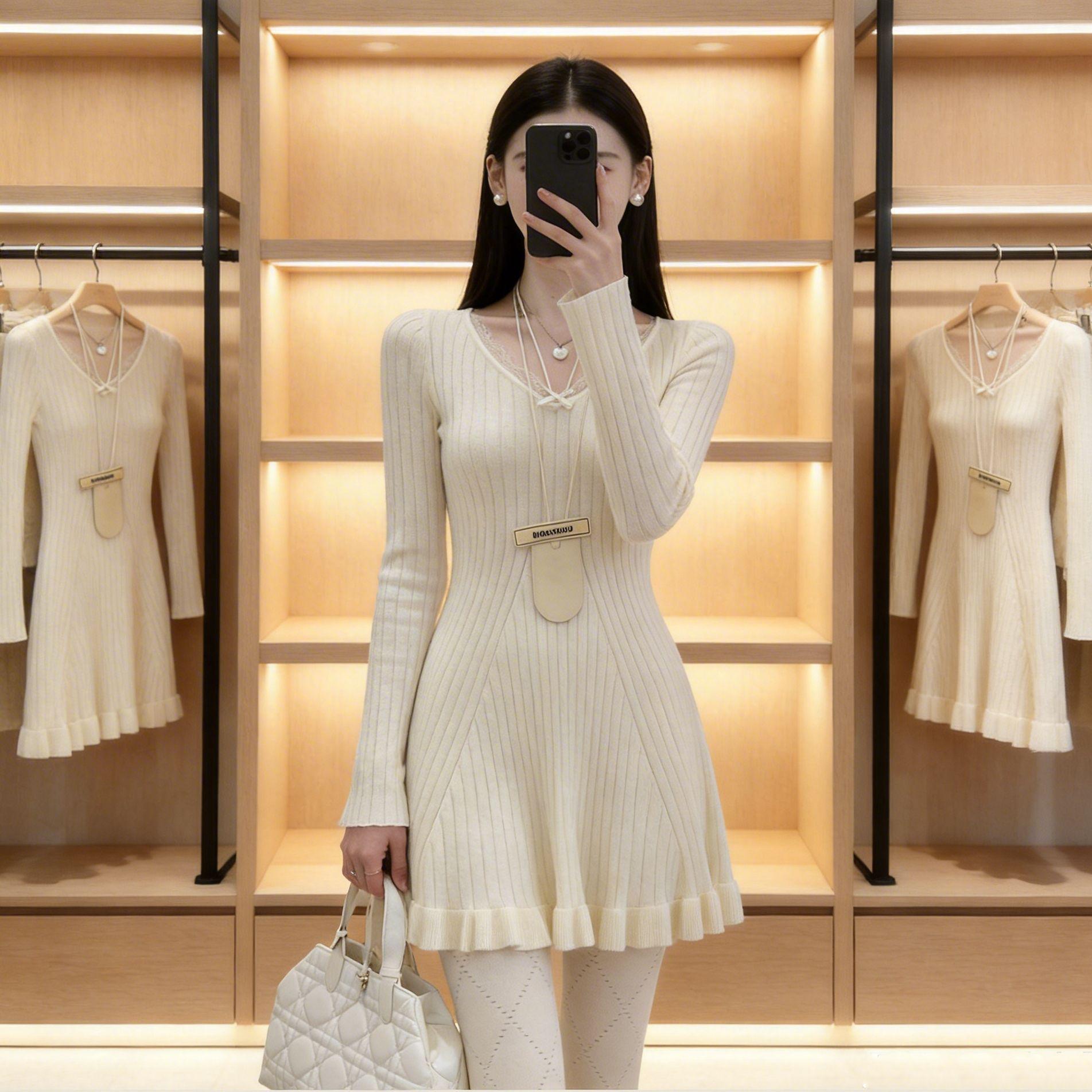 

Women s Spring Lace-Trimmed Knit Dress: Chic Base Layer, Sweater, or Short Skirt L