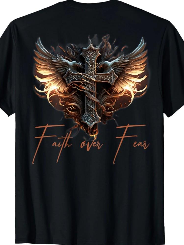 

Men039;s Faith Over Fear Graphic T-Shirt with Angel Wings amp; Cross DesignBlack Unisex T-Shirt XL