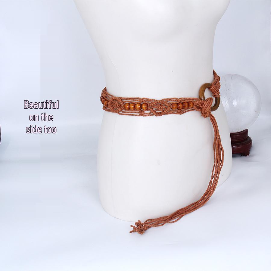 Ethnic Style Skirt Jeans with Hand-Woven Wood Ring Belt