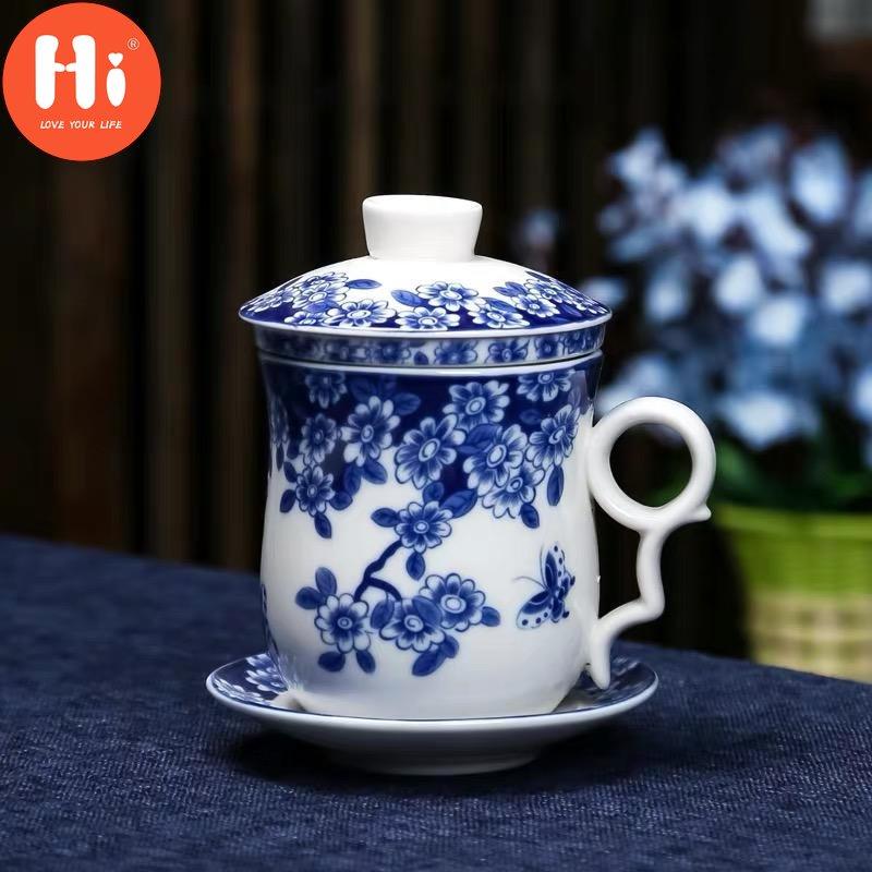 Hi Blue and White Porcelain Office Teacups with Lid Filter Creative Ceramic Hand-Painted Water Cups Household Drinkware Gifts