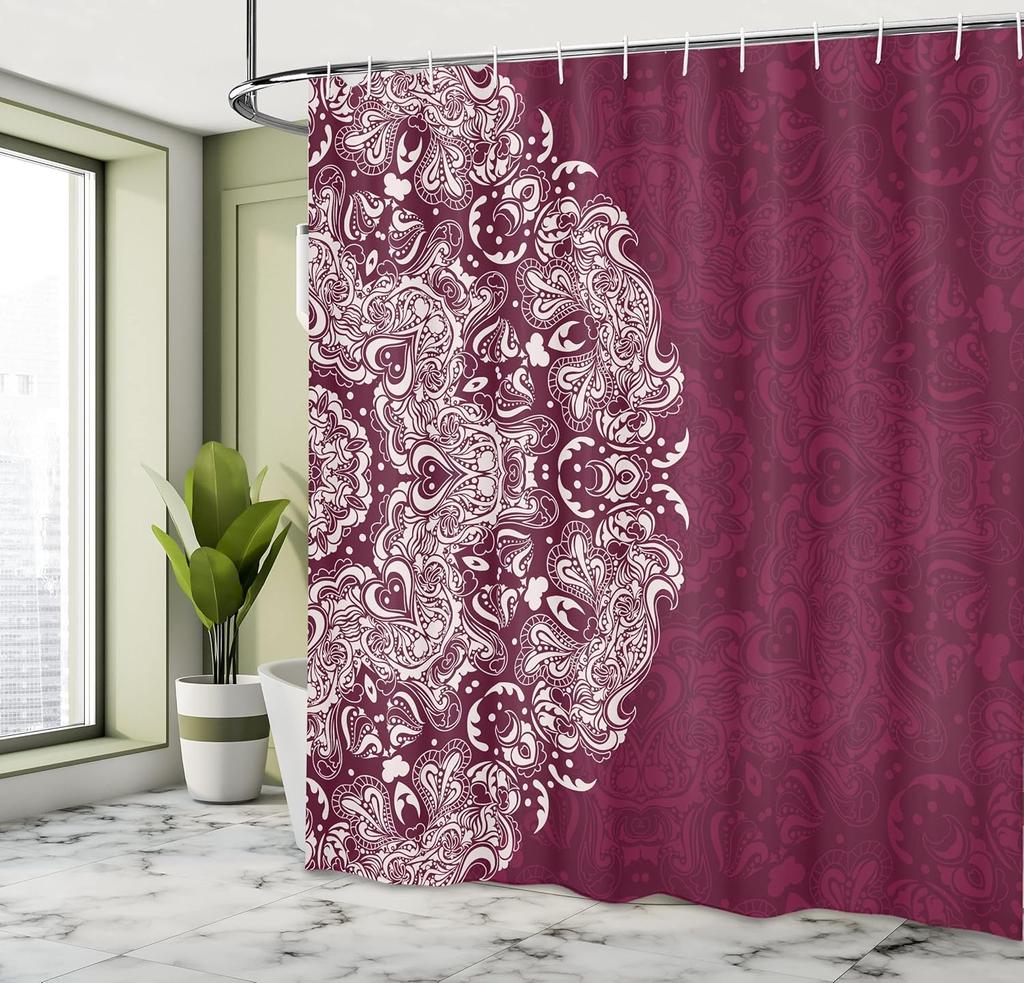 Burgundy Mandala Shower Curtain Boho Floral Pattern Elegant Bathroom Decor Linen160X180