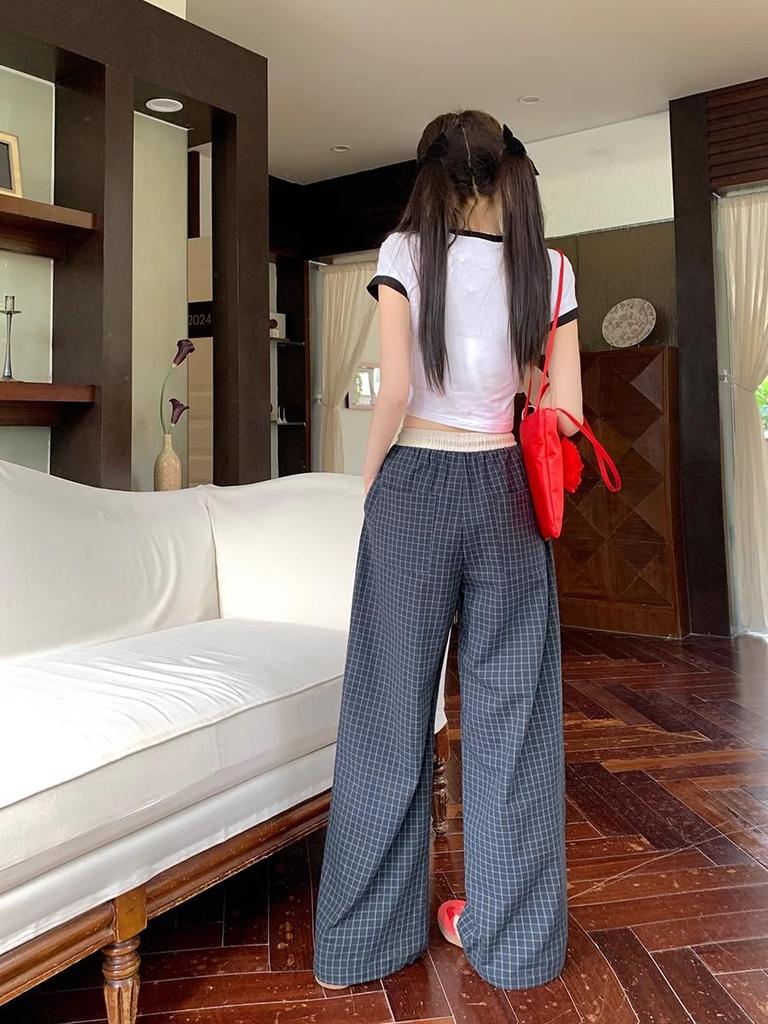 2025 Women's Retro Plaid High-Waist Wide-Leg Pants: Spring/Summer Casual, Versatile, Loose Fit, Floor-Length Trousers