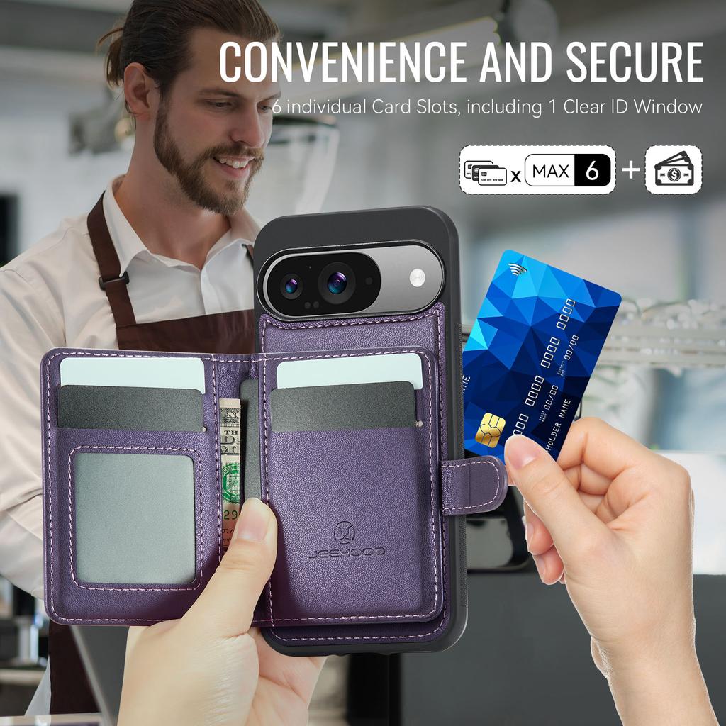 For Google Pixel 9 Pro/Google Pixel 9 Case JEEHOOD J09 RFID Blocking Card Holder Leather Back Phone Cover Magnetic Case