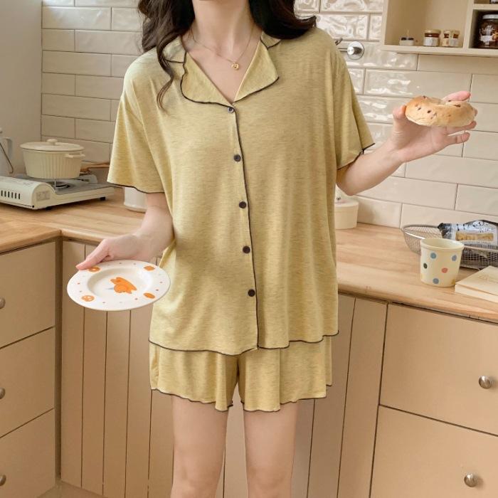 

Korean ins wind sweet contrasting color human cotton cardigan pajamas women s modal summer short-sleeved shorts loungewear set XXL